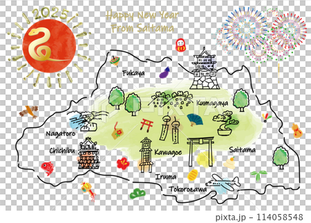 Illustrated map of tourist spots in Saitama prefecture New Year's card 2025 114058548