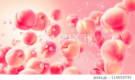 甘くみずみずしい桃が散らばるピンク色背景 甘くみずみずしい桃が散らばるピンク色背景 114058745