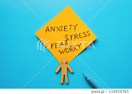 Figurine with written words anxiety, stress, fear and worry. 114058763