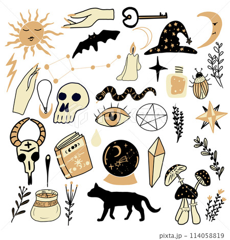 Magic celestial hand drawn vector set. Halloween set. Hand drawn elements on white background. 114058819