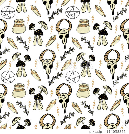 Magic celestial seamless pattern, hand drawn mystical elements. Magic celestial seamless pattern, hand drawn mystical elements. 114058823