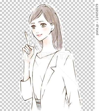 Inspiration: Illustration of a female office worker pointing at a point, hand-drawn, suit, white coat 114058979