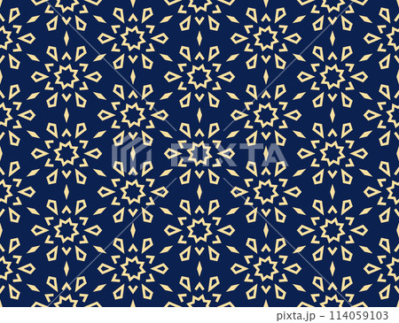 Abstract geometric pattern with lines, snowflakes. A seamless vector background. Golden and dark blue texture. Graphic modern pattern 114059103