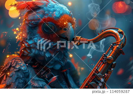 a colorful humanlike bird playing a saxophone in avi-fauna smoking jazz club of copacaban harlem black district full of bad looking gangster birds like eagles or flamingoes, cartoon manga anime 114059287