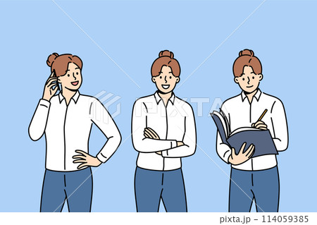 Businesslady is talking on phone, arranging partner meeting and making entry in journal Businesslady is talking on phone, arranging partner meeting and making entry in journal 114059385