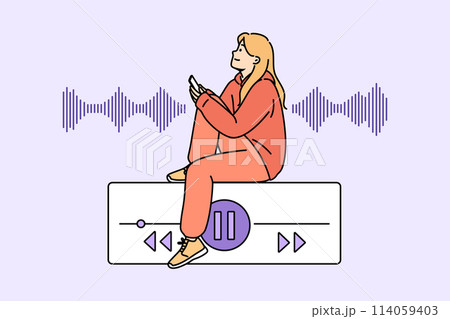 Teenage woman listens to music on phone while sitting near equalizer on buttons to control playlist Teenage woman listens to music on phone while sitting near equalizer on buttons to control playlist 114059403