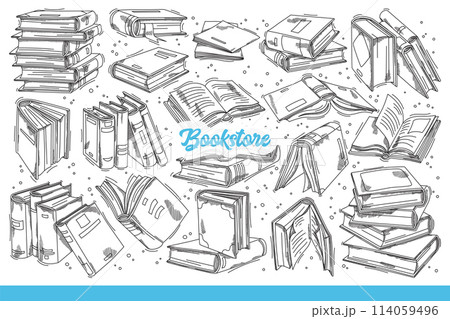 Bookstore inscription among books with fantastic literature or romantic stories. Hand drawn doodle. 114059496