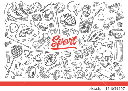 Sports inventory for fitness and physical education for healthy lifestyle. Hand drawn doodle. 114059497