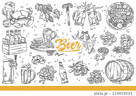 Bavarian beer in bottles with mugs with foam near BBQ sausages or seafood. Hand drawn doodle 114059501