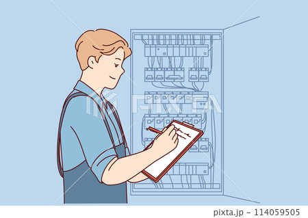 Man inspector checks electrical equipment installed in metal power panel, makes notes in clipboard Man inspector checks electrical equipment installed in metal power panel, makes notes in clipboard 114059505