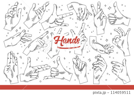 Gesturing hands of person giving non-verbal signal to interlocutor. Hand drawn doodle. 114059511