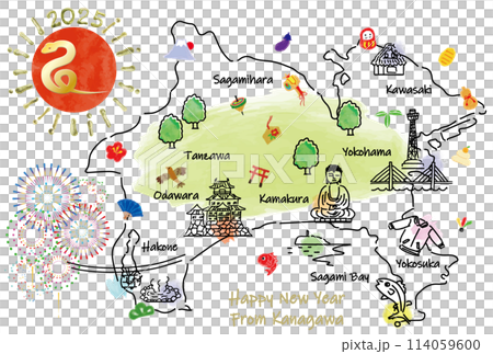 神奈川縣旅遊景點插畫圖2025新年賀卡 114059600
