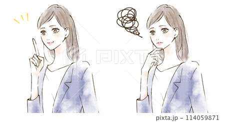 指差しポイント　コンプライアンス研修　笑顔と不安な表情のイラストセット 114059871