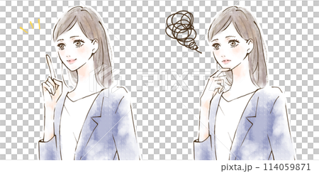 指差しポイント　コンプライアンス研修　笑顔と不安な表情のイラストセット 114059871