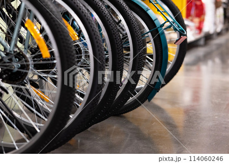 Bicycle shop, rows of new bicycles, cycling shop Bicycle shop, rows of new bicycles, cycling shop 114060246