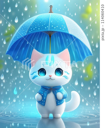 雨の中で傘を持って立つ猫 114060410