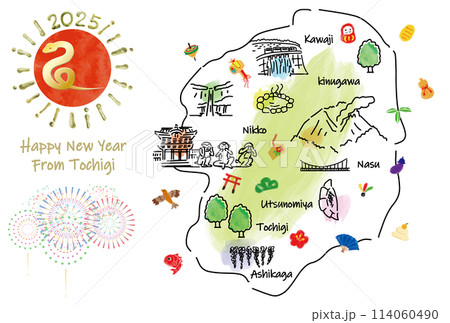 栃木県の観光地のイラストマップ年賀状2025年 114060490