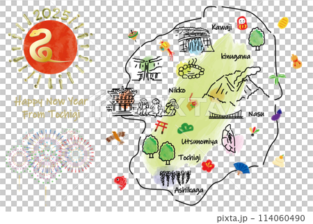 栃木県の観光地のイラストマップ年賀状2025年 114060490