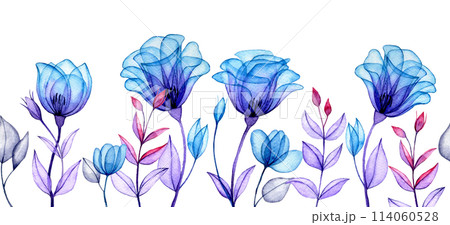 seamless border with blue transparent flowers. watercolor drawing, x-ray seamless border with blue transparent flowers. watercolor drawing, x-ray 114060528