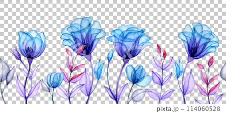 seamless border with blue transparent flowers. watercolor drawing, x-ray seamless border with blue transparent flowers. watercolor drawing, x-ray 114060528