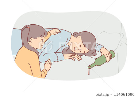 Drunk mother sleeps on sofa with bottle of alcohol, forgetting about unfortunate little daughter Drunk mother sleeps on sofa with bottle of alcohol, forgetting about unfortunate little daughter 114061090