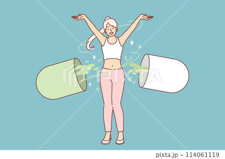 Woman with giant capsule of vitamins to detoxify body and strengthen immune system 114061119