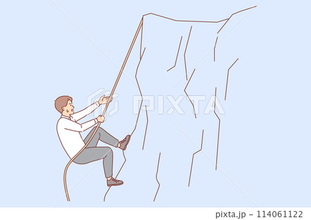 Business man climbs up cliff, taking on difficult challenge, does not stop trying to achieve goal Business man climbs up cliff, taking on difficult challenge, does not stop trying to achieve goal 114061122