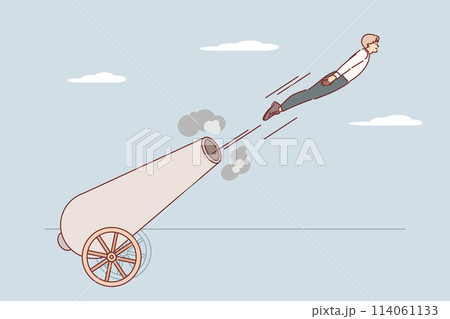Business man demonstrates willingness to take risks, flies out of retro cannon instead of cannonball 114061133