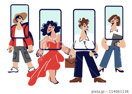 People addicted to social networks with phones instead faces, for concept fear of live communication 114061136