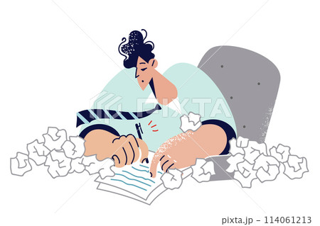 Business man is doing paperwork and writing speech, sitting at desk, with many crumpled drafts 114061213