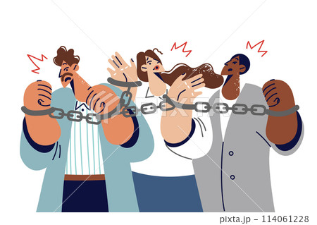 Business people bound by slave contracts experience discomfort due to handcuffs on hands 114061228