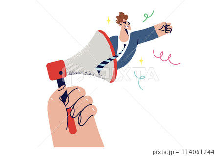 Businessman looks out of megaphone announcing promotion or inviting to take part in job interview Businessman looks out of megaphone announcing promotion or inviting to take part in job interview 114061244