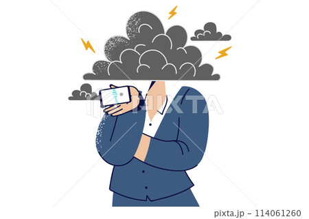 Woman uses cloud technologies to exchange messages with colleagues, stands under cloud covering head 114061260