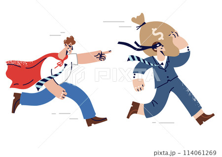 Thief with bag of money runs away from superhero trying to stop bank robbery and save savings Thief with bag of money runs away from superhero trying to stop bank robbery and save savings 114061269