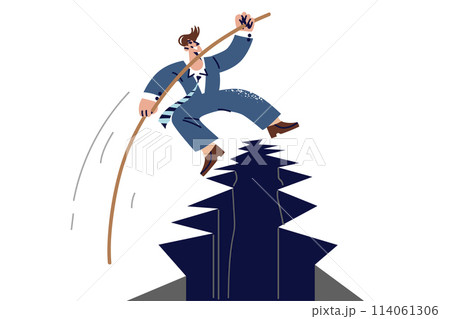 Business man manager overcomes obstacle on way, crossing large hole with help of pole Business man manager overcomes obstacle on way, crossing large hole with help of pole 114061306