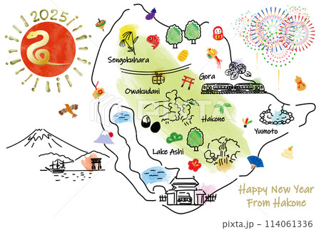 箱根の観光地のイラストマップ年賀状2025年 箱根の観光地のイラストマップ年賀状2025年 114061336
