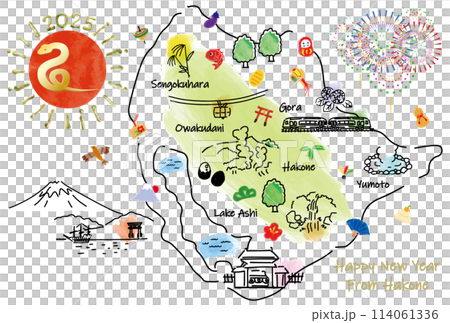 箱根の観光地のイラストマップ年賀状2025年 箱根の観光地のイラストマップ年賀状2025年 114061336