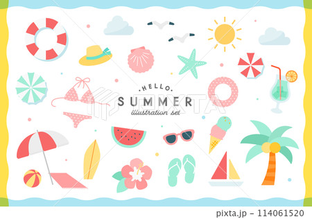 夏のアイテムのイラストセット　海　夏休み　ビーチ　シンプル　かわいい　南国　リゾート　旅行　バカンス 114061520