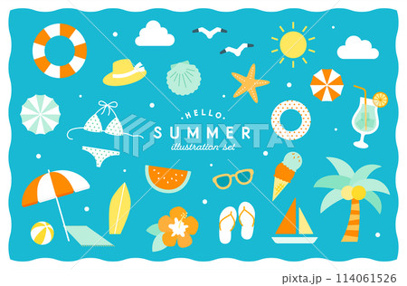 夏のアイテムのイラストセット　海　夏休み　ビーチ　シンプル　かわいい　南国　リゾート　旅行　バカンス 114061526