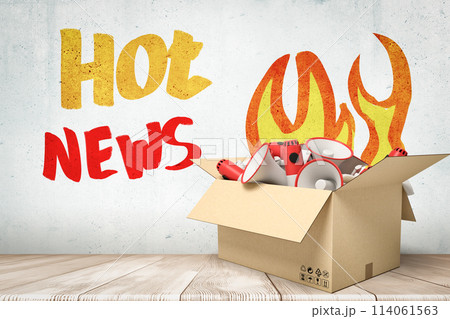 3d rendering of cardboard box filled with white red megaphones 114061563