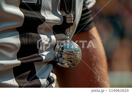 Referee holding whistle at outdoor event Referee holding whistle at outdoor event 114061620