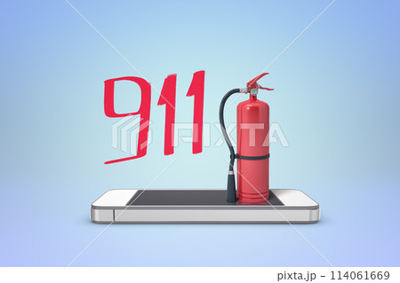 Fire extinguisher and 911 text on a phone Fire extinguisher and 911 text on a phone 114061669