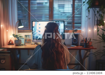 Cozy workspace with woman using computer 114061804