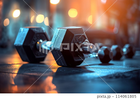Gym weights on floor in moody light 114061805