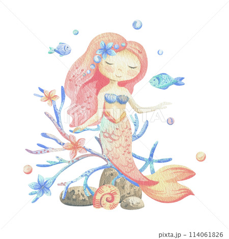 Mermaid is a little girl with long hair and a tail. Watercolor illustration hand drawn with pastel colors turquoise, blue, mint, coral, peach, pink. Composition isolated from background. Mermaid is a little girl with long hair and a tail. Watercolor illustration hand drawn with pastel colors turquoise, blue, mint, coral, peach, pink. Composition isolated from background. 114061826