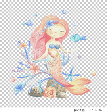 Mermaid is a little girl with long hair and a tail. Watercolor illustration hand drawn with pastel colors turquoise, blue, mint, coral, peach, pink. Composition isolated from background. 114061826