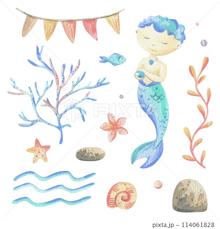 Mermaid is a little boy with fish, seashell, corals, algae, starfish. Watercolor illustration hand drawn with pastel colors turquoise, blue, coral, pink. Set of elements isolated from background Mermaid is a little boy with fish, seashell, corals, algae, starfish. Watercolor illustration hand drawn with pastel colors turquoise, blue, coral, pink. Set of elements isolated from background 114061828