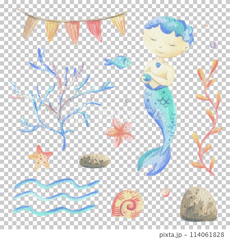 Mermaid is a little boy with fish, seashell, corals, algae, starfish. Watercolor illustration hand drawn with pastel colors turquoise, blue, coral, pink. Set of elements isolated from background Mermaid is a little boy with fish, seashell, corals, algae, starfish. Watercolor illustration hand drawn with pastel colors turquoise, blue, coral, pink. Set of elements isolated from background 114061828