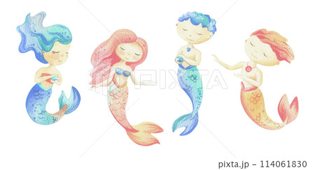 Mermaids is a little girls and boys with tails. Watercolor illustration hand drawn with pastel colors turquoise, blue, mint, coral, pink, peachy. Set of elements isolated from background 114061830