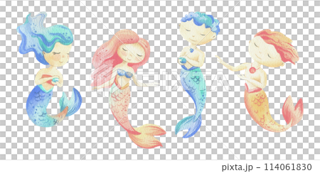 Mermaids is a little girls and boys with tails. Watercolor illustration hand drawn with pastel colors turquoise, blue, mint, coral, pink, peachy. Set of elements isolated from background 114061830